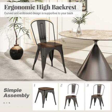 Metal Dining Chairs Set of 4 Tolix Style Stackable Kitchen Chairs with Wood Seat-Gun - Gun - Dining Chairs