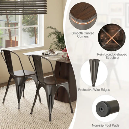 Metal Dining Chairs Set of 4 Tolix Style Stackable Kitchen Chairs with Wood Seat-Gun - Gun - Dining Chairs