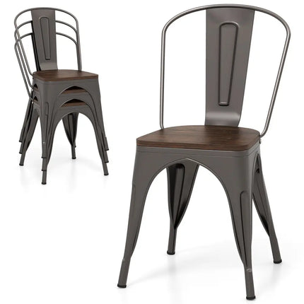 Metal Dining Chairs Set of 4 Tolix Style Stackable Kitchen Chairs with Wood Seat-Gun - Gun - Dining Chairs