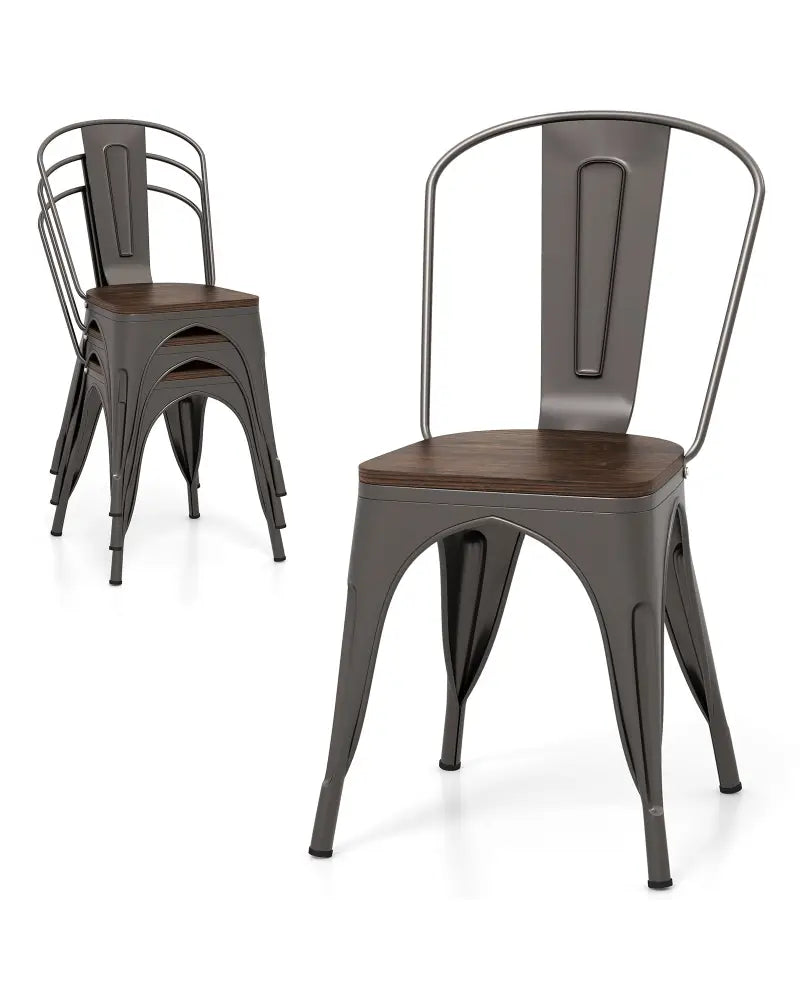 Metal Dining Chairs Set of 4 Tolix Style Stackable Kitchen Chairs with Wood Seat-Gun - Gun - Dining Chairs