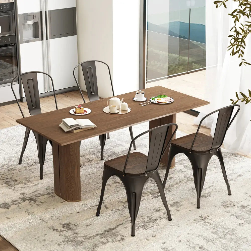 Metal Dining Chairs Set of 4 Tolix Style Stackable Kitchen Chairs with Wood Seat-Gun - Gun - Dining Chairs