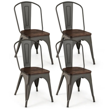 Metal Dining Chairs Set of 4 Tolix Style Stackable Kitchen Chairs with Wood Seat-Gun - Gun - Dining Chairs