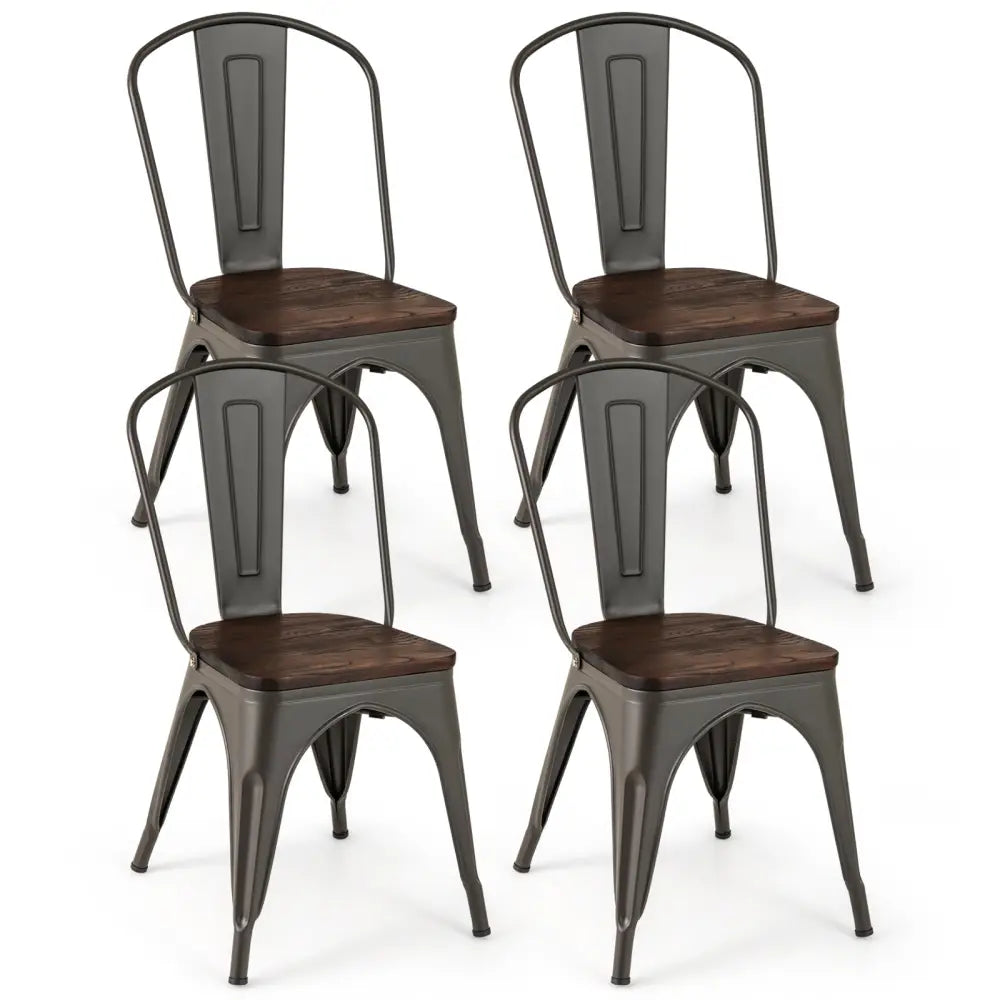 Metal Dining Chairs Set of 4 Tolix Style Stackable Kitchen Chairs with Wood Seat-Gun - Gun - Dining Chairs