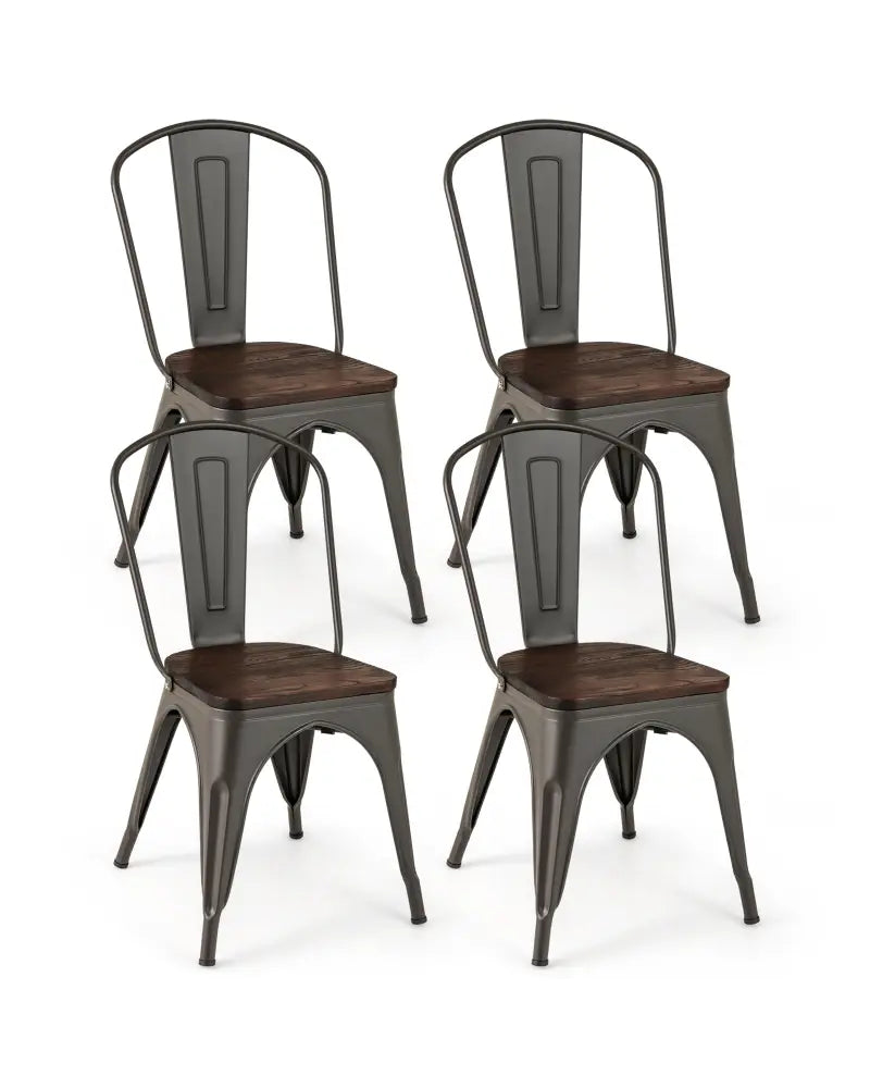 Metal Dining Chairs Set of 4 Tolix Style Stackable Kitchen Chairs with Wood Seat-Gun - Gun - Dining Chairs