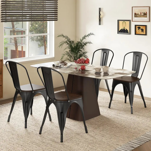 Metal Dining Chairs Set of 4 Tolix Style Stackable Kitchen Chairs with Wood Seat-Black - Black - Dining Chairs