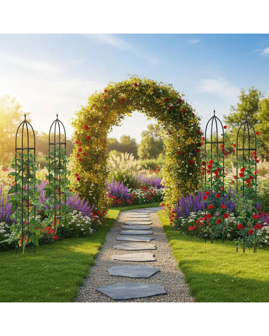 Metal Garden Arch and Obelisk Trellis Set for Climbing Plants - Garden