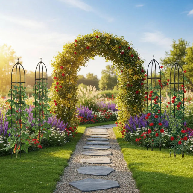 Metal Garden Arch and Obelisk Trellis Set for Climbing Plants - Garden