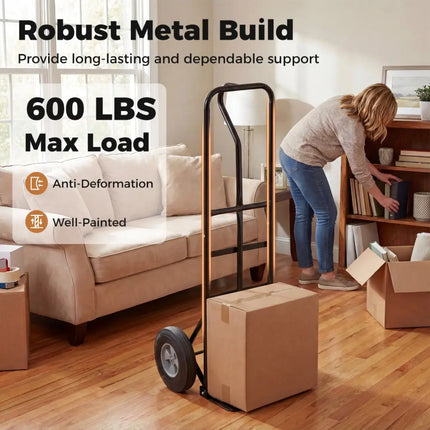 Metal Hand Truck Heavy-Duty 600 LBS Moving Dolly Cart with P-Handle and 10inch Rubber Wheels-Black - Black - Garages