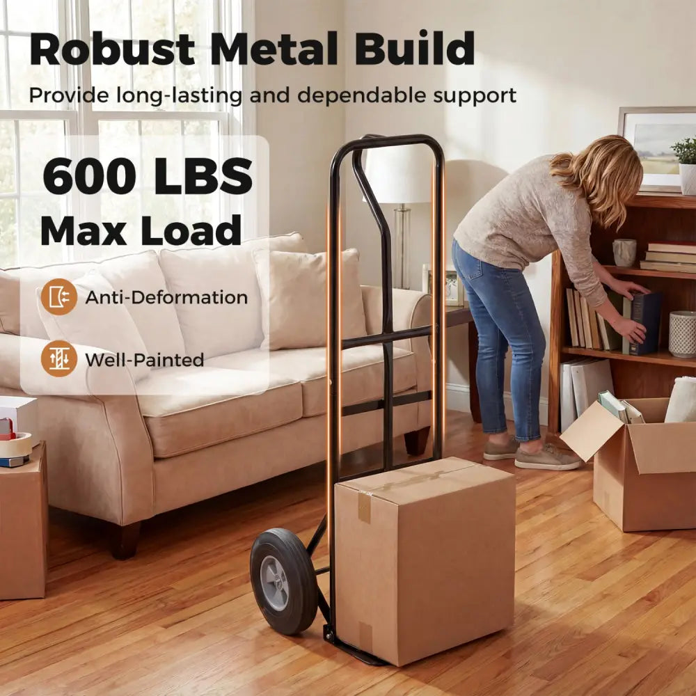 Metal Hand Truck Heavy-Duty 600 LBS Moving Dolly Cart with P-Handle and 10inch Rubber Wheels-Black - Black - Garages