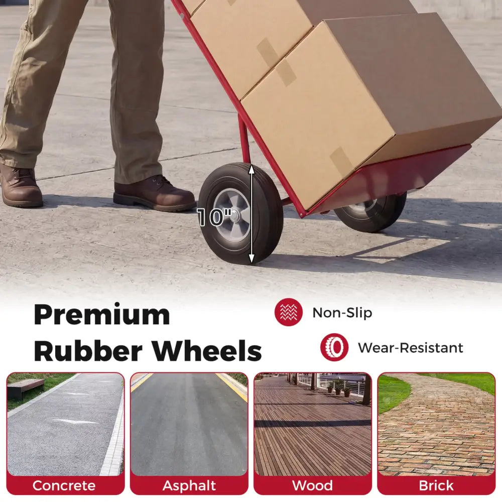Metal Hand Truck Heavy-Duty 600 LBS Moving Dolly Cart with P-Handle and 10inch Rubber Wheels-Red - Red - Garages
