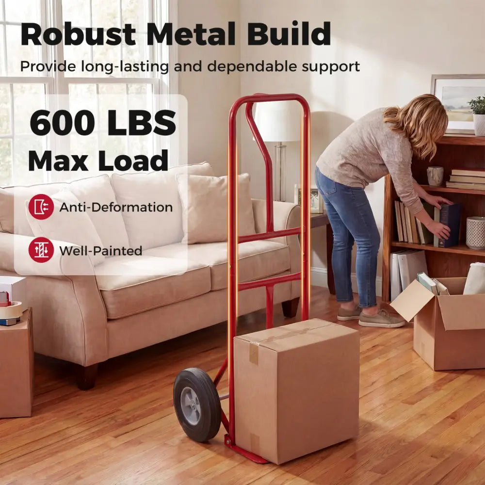 Metal Hand Truck Heavy-Duty 600 LBS Moving Dolly Cart with P-Handle and 10inch Rubber Wheels-Red - Red - Garages