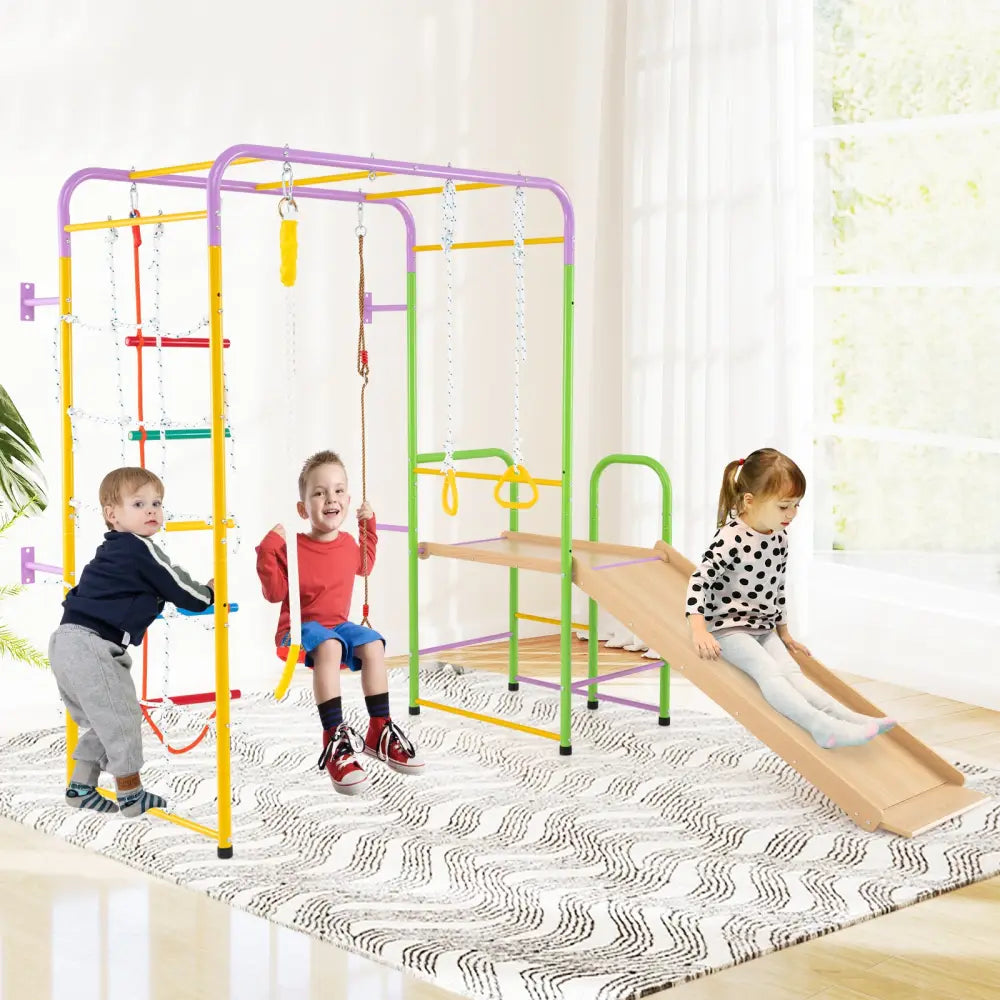 Metal Indoor Jungle Gym 8-in-1 Climbing Playset with Monkey Bars-Multicolor - Multicolor - Climbers & Slides