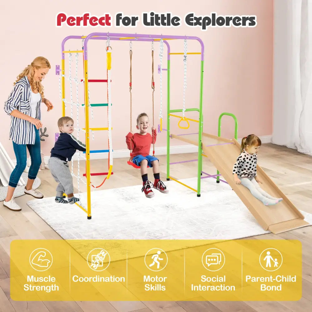 Metal Indoor Jungle Gym 8-in-1 Climbing Playset with Monkey Bars-Multicolor - Multicolor - Climbers & Slides