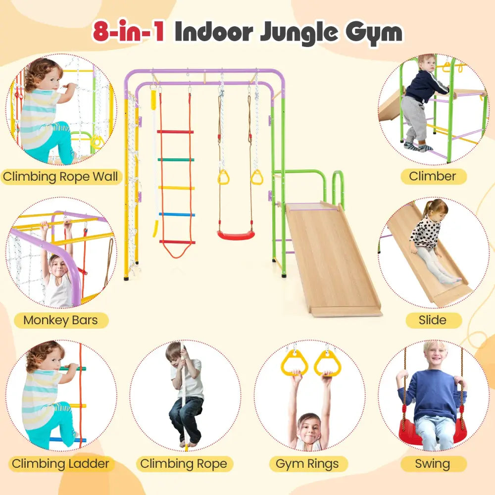Metal Indoor Jungle Gym 8-in-1 Climbing Playset with Monkey Bars-Multicolor - Multicolor - Climbers & Slides