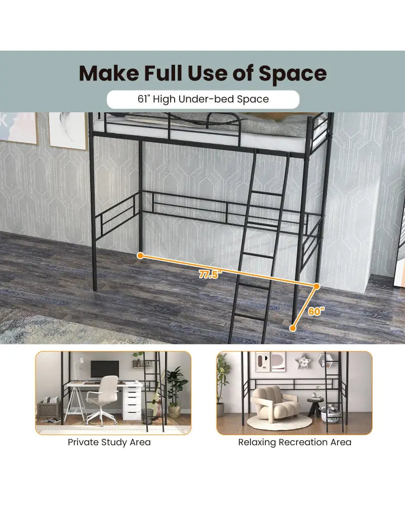 Metal Loft Twin Bed Frame Single High Loft Bed-Black - Black - Bunk Bed Frame
