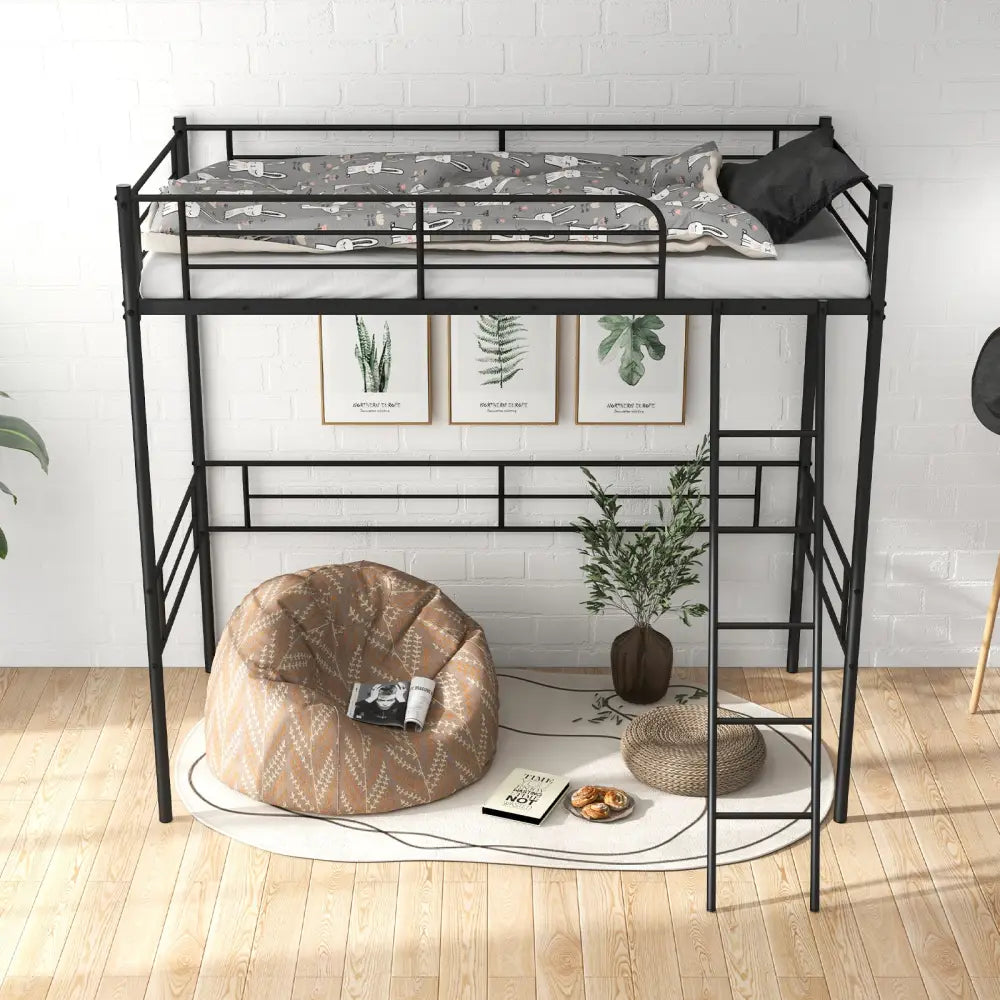 Metal Loft Twin Bed Frame Single High Loft Bed-Black - Black - Bunk Bed Frame