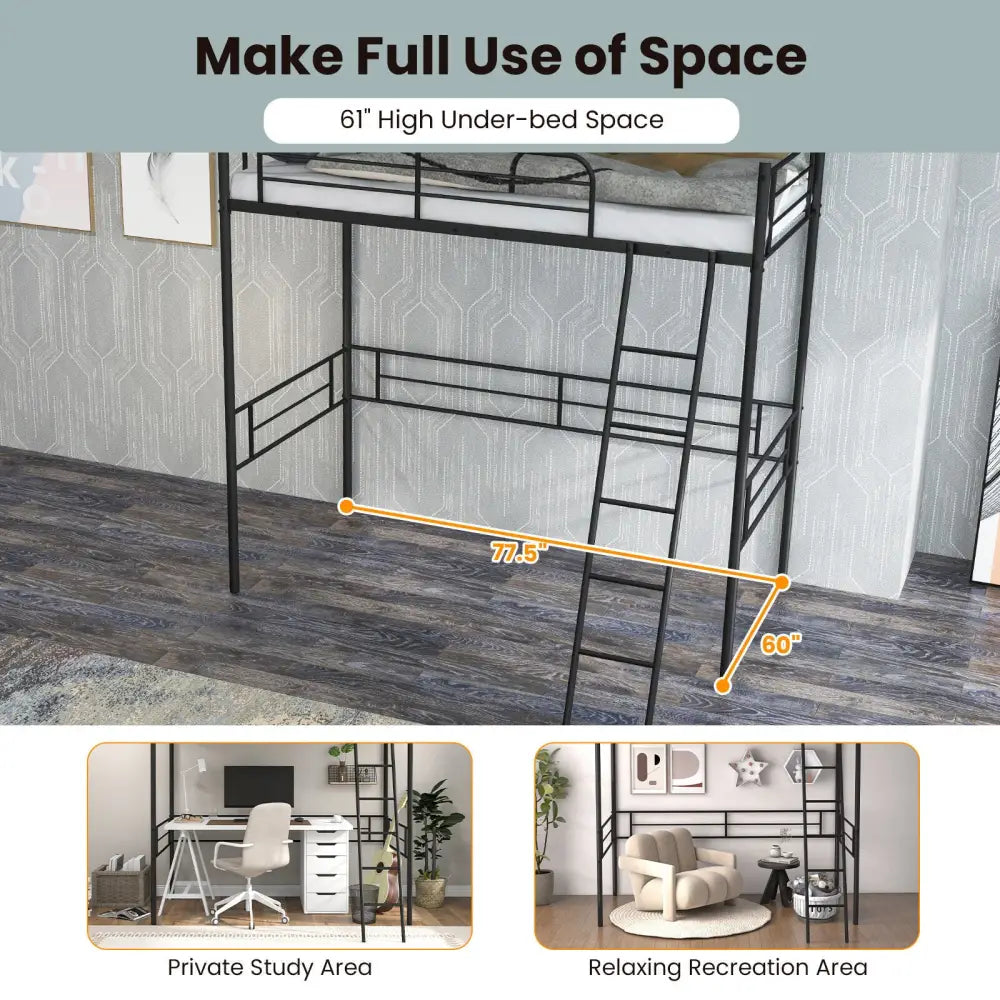 Metal Loft Twin Bed Frame Single High Loft Bed-Black - Black - Bunk Bed Frame