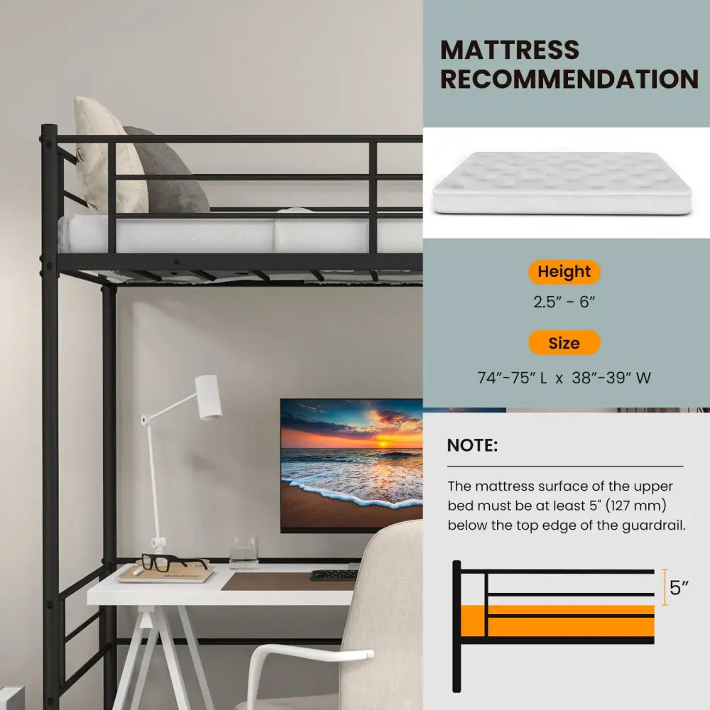 Metal Loft Twin Bed Frame Single High Loft Bed-Black - Black - Bunk Bed Frame