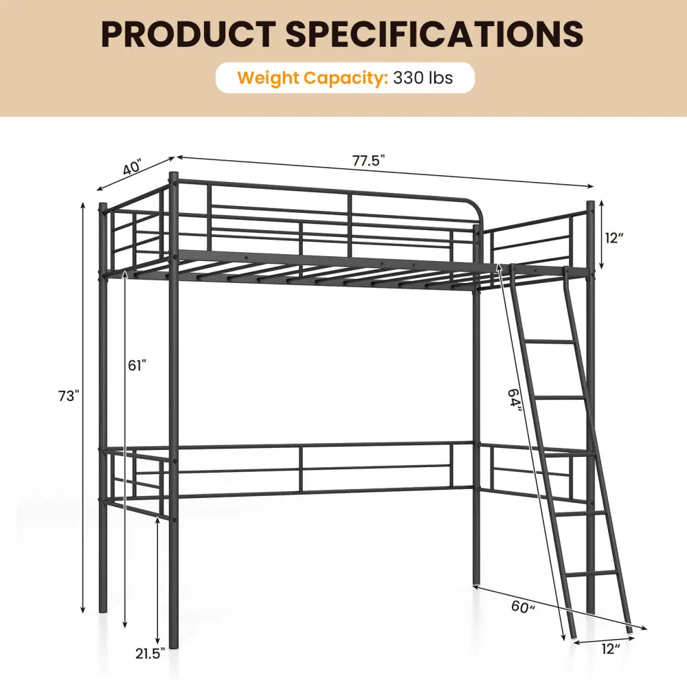 Metal Loft Twin Bed Frame Single High Loft Bed-Black - Black - Bunk Bed Frame