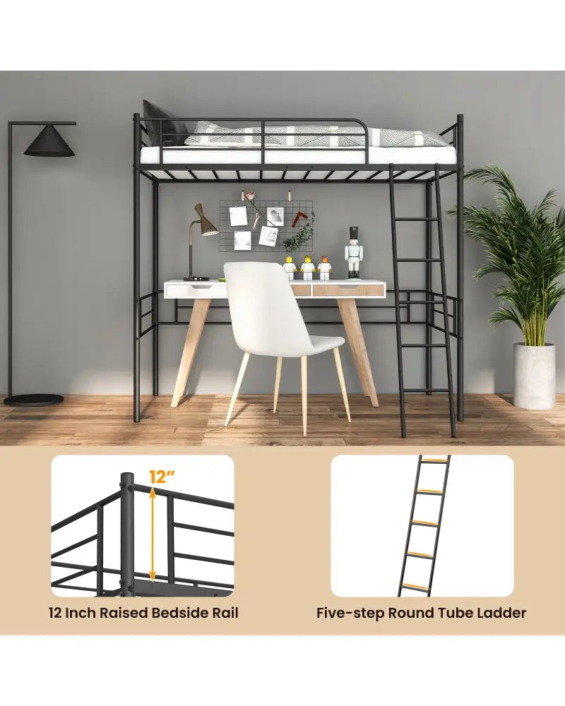 Metal Loft Twin Bed Frame Single High Loft Bed-Black - Black - Bunk Bed Frame