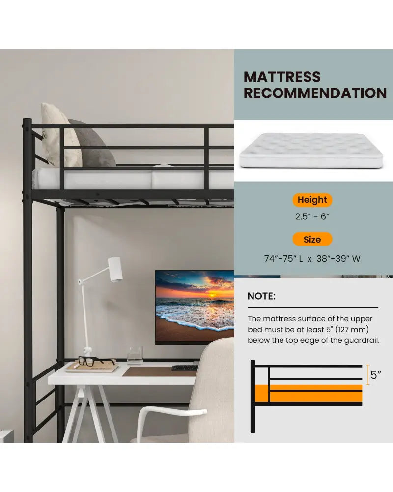 Metal Loft Twin Bed Frame Single High Loft Bed-Black - Black - Bunk Bed Frame