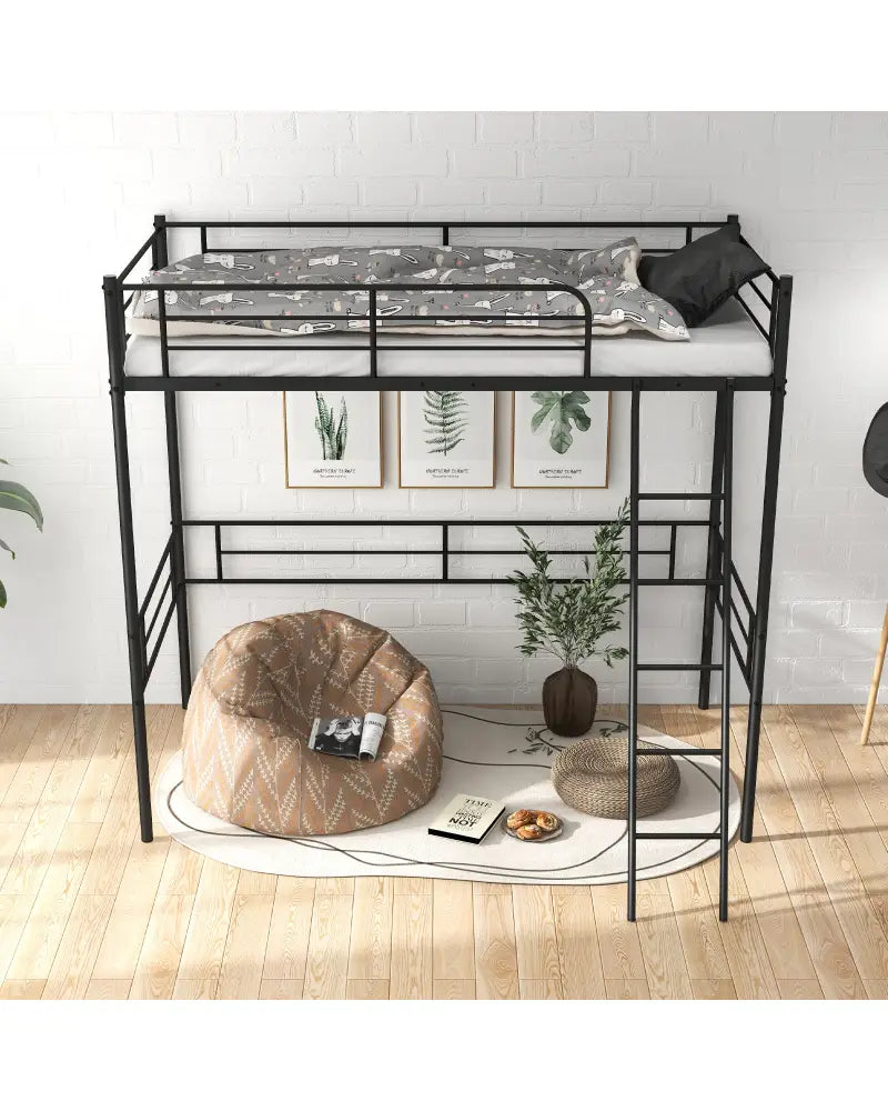 Metal Loft Twin Bed Frame Single High Loft Bed-Black - Black - Bunk Bed Frame