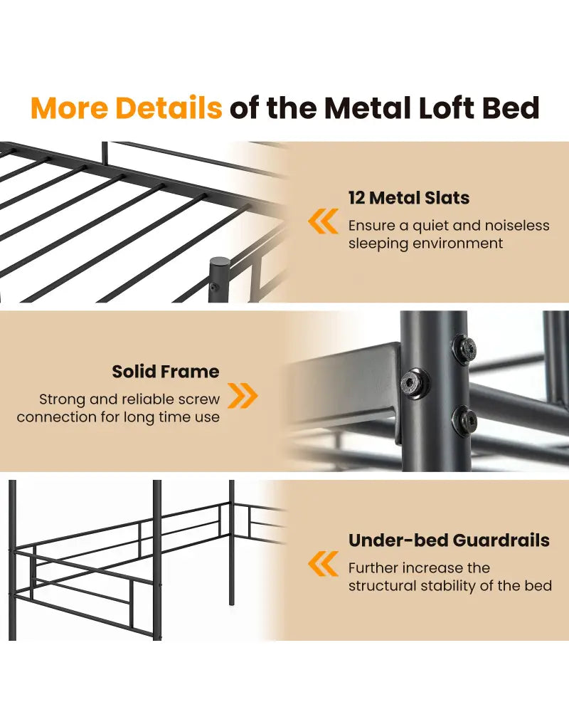 Metal Loft Twin Bed Frame Single High Loft Bed-Black - Black - Bunk Bed Frame
