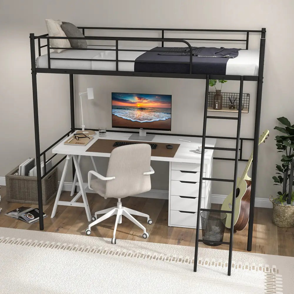 Metal Loft Twin Bed Frame Single High Loft Bed-Black - Black - Bunk Bed Frame