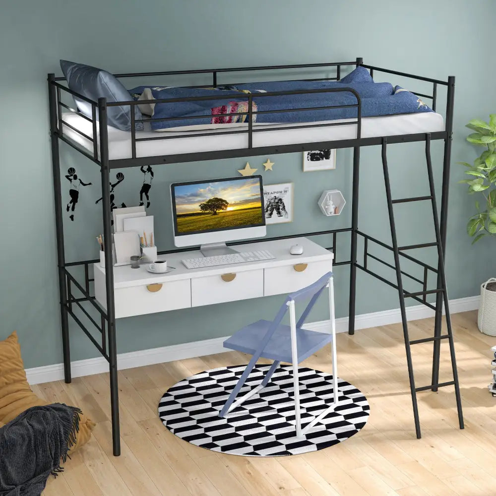 Metal Loft Twin Bed Frame Single High Loft Bed-Black - Black - Bunk Bed Frame