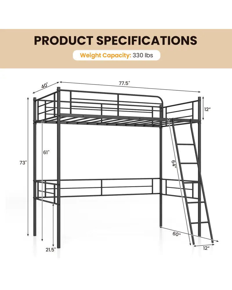 Metal Loft Twin Bed Frame Single High Loft Bed-Black - Black - Bunk Bed Frame