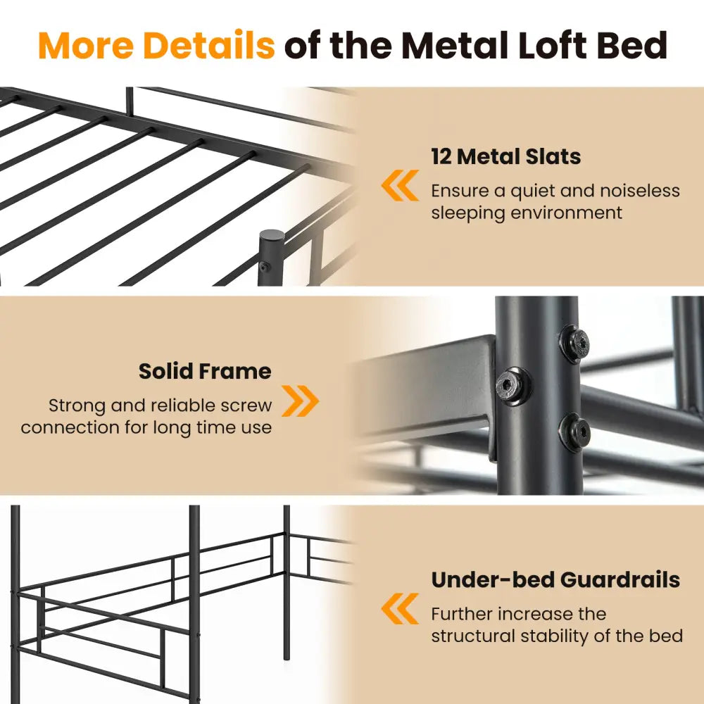 Metal Loft Twin Bed Frame Single High Loft Bed-Black - Black - Bunk Bed Frame