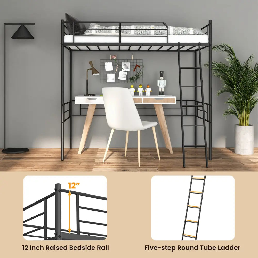 Metal Loft Twin Bed Frame Single High Loft Bed-Black - Black - Bunk Bed Frame