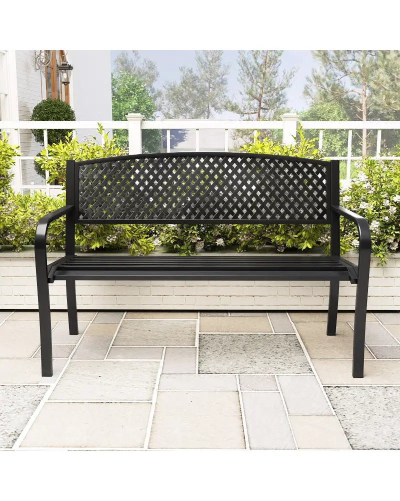 Metal Outdoor Bench with High Back for 2-3-Person Patio Bench-Black - Black - Outdoor Benches