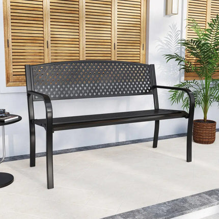 Metal Outdoor Bench with High Back for 2-3-Person Patio Bench-Black - Black - Outdoor Benches