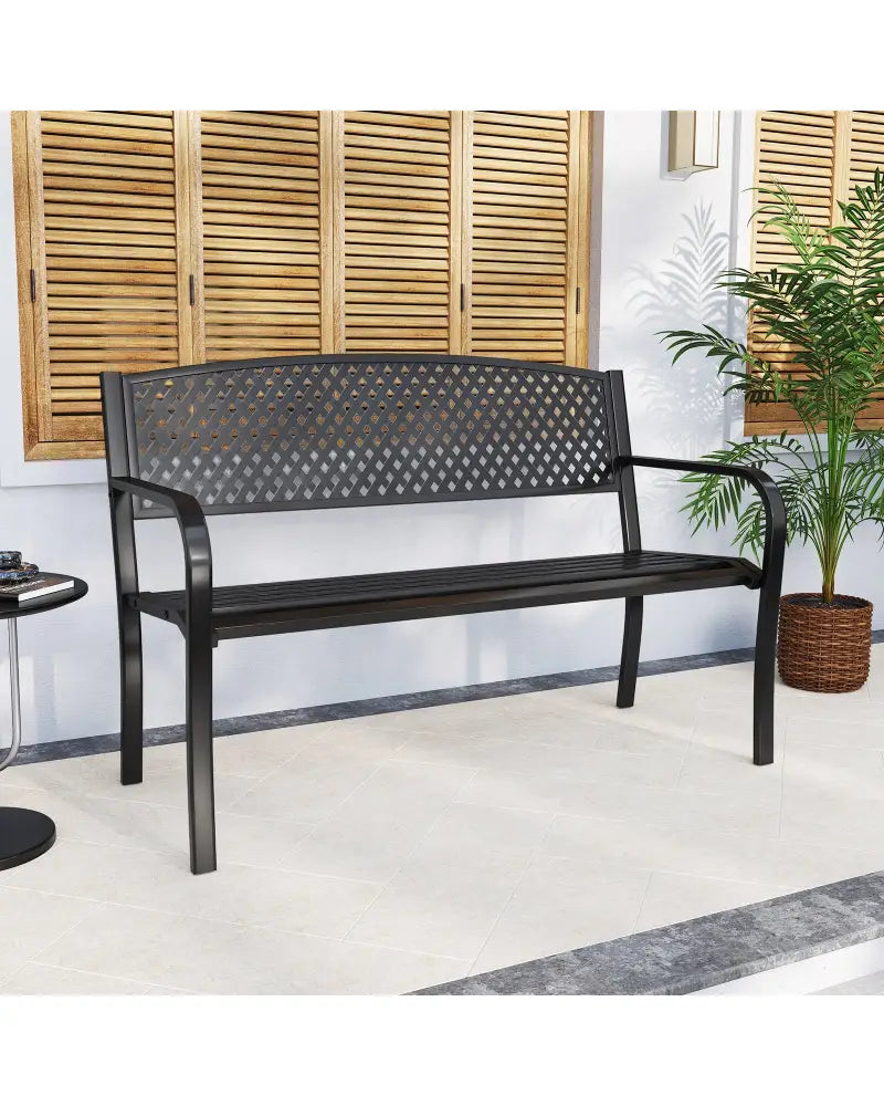 Metal Outdoor Bench with High Back for 2-3-Person Patio Bench-Black - Black - Outdoor Benches