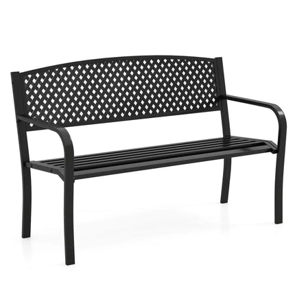 Metal Outdoor Bench with High Back for 2-3-Person Patio Bench-Black - Black - Outdoor Benches