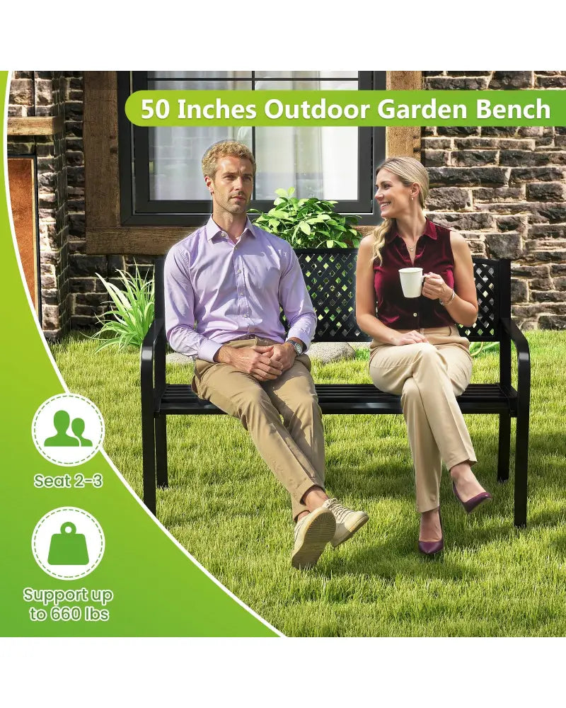 Metal Outdoor Bench with High Back for 2-3-Person Patio Bench-Black - Black - Outdoor Benches
