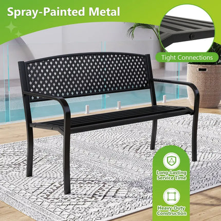 Metal Outdoor Bench with High Back for 2-3-Person Patio Bench-Black - Black - Outdoor Benches