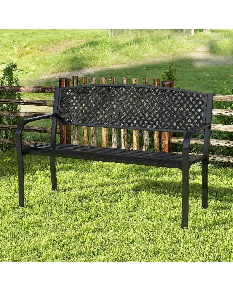 Metal Outdoor Bench with High Back for 2-3-Person Patio Bench-Black - Black - Outdoor Benches