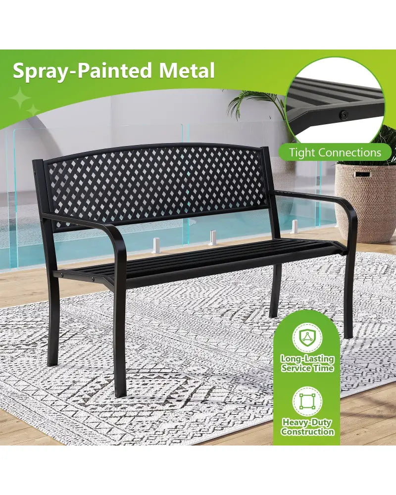 Metal Outdoor Bench with High Back for 2-3-Person Patio Bench-Black - Black - Outdoor Benches