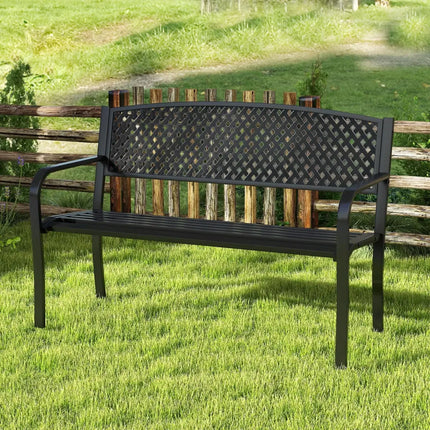 Metal Outdoor Bench with High Back for 2-3-Person Patio Bench-Black - Black - Outdoor Benches