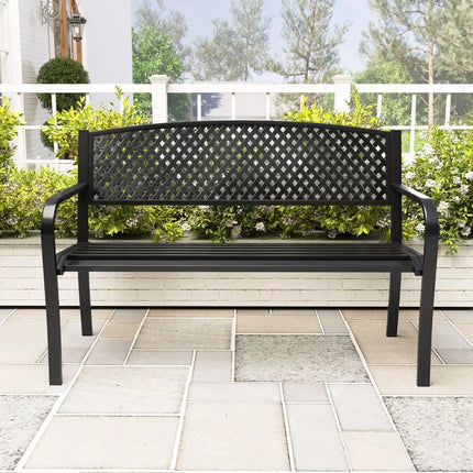 Metal Outdoor Bench with High Back for 2-3-Person Patio Bench-Black - Black - Outdoor Benches