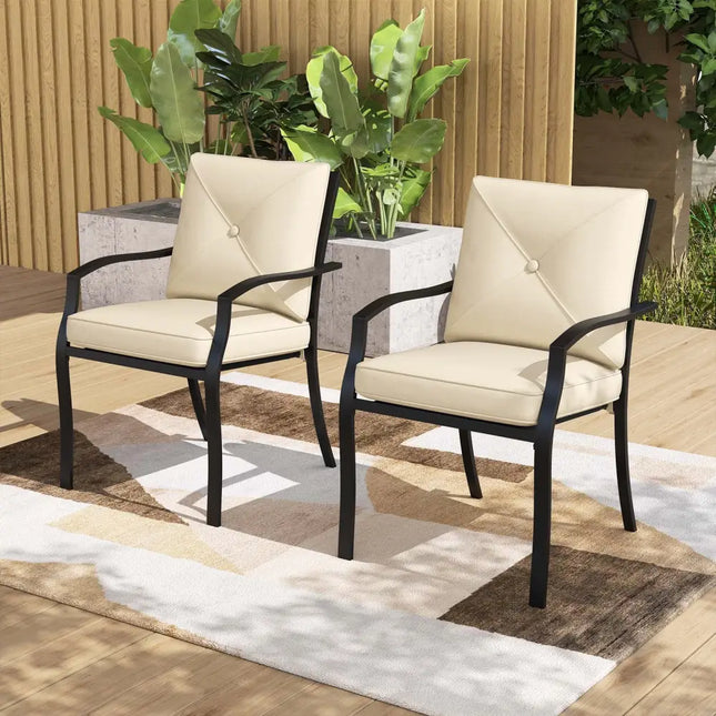 Metal Outdoor Dining Chair Set of 2 Stackable Patio Chairs with Armrests-Beige - Beige - Patio Dining Chairs