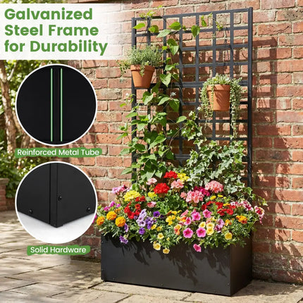 Metal Raised Garden Bed with Trellis and Drainage Holes for Climbing Plants-Black - Black - Raised Garden Beds