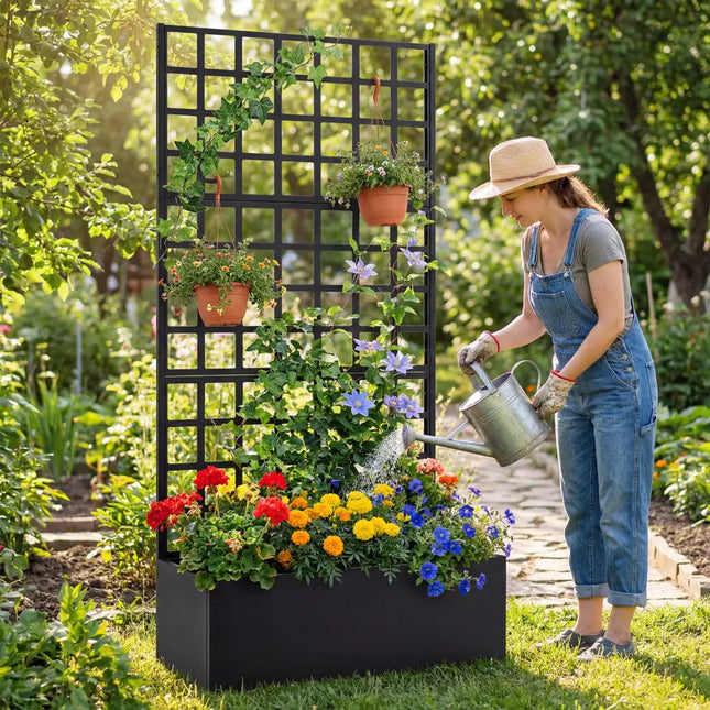 Metal Raised Garden Bed with Trellis and Drainage Holes for Climbing Plants-Black - Black - Raised Garden Beds
