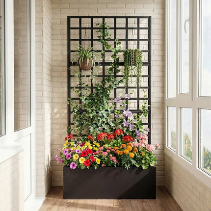 Metal Raised Garden Bed with Trellis and Drainage Holes for Climbing Plants-Black - Black - Raised Garden Beds