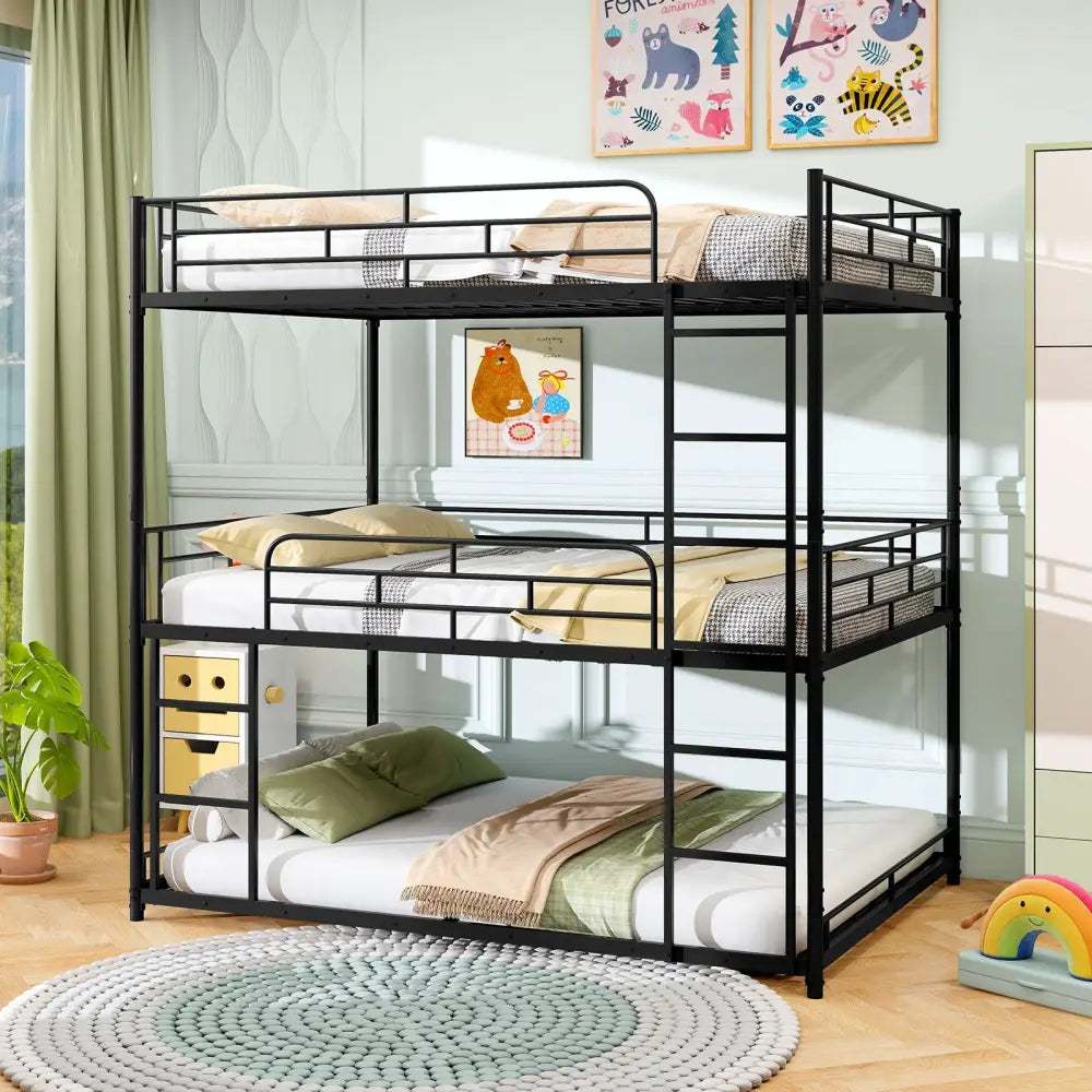 Metal Triple Bunk Bed with Safety Guardrails and 2 Ladders-Black - Black - Bunk Bed Frame