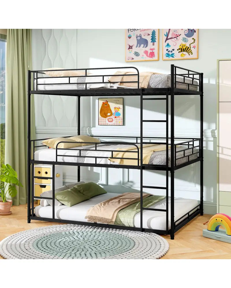 Metal Triple Bunk Bed with Safety Guardrails and 2 Ladders-Black - Black - Bunk Bed Frame