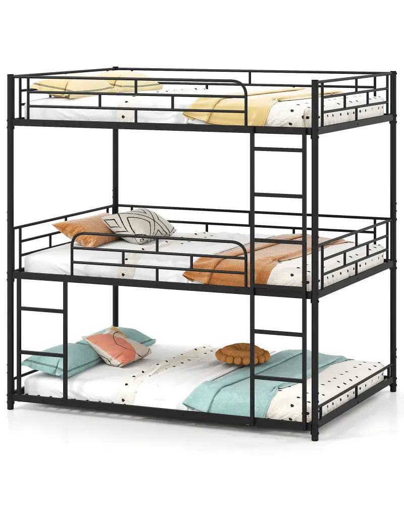 Metal Triple Bunk Bed with Safety Guardrails and 2 Ladders-Black - Black - Bunk Bed Frame