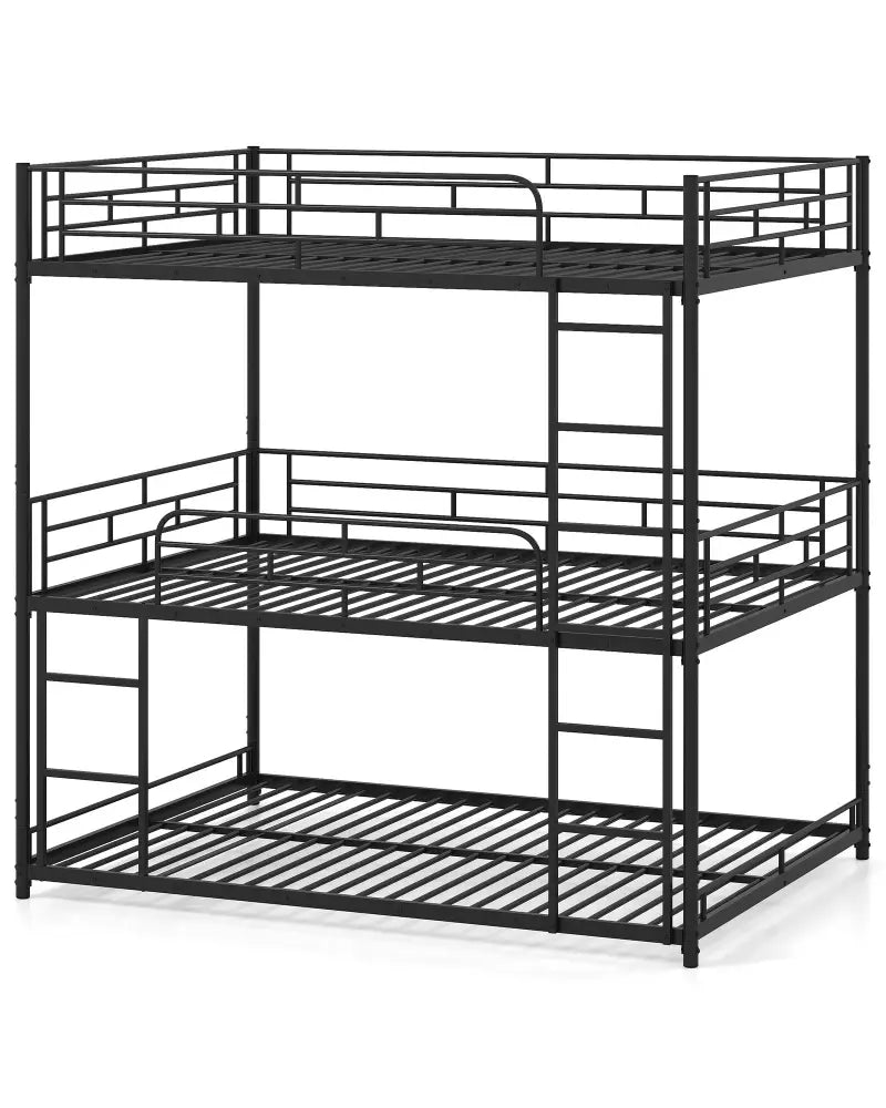Metal Triple Bunk Bed with Safety Guardrails and 2 Ladders-Black - Black - Bunk Bed Frame